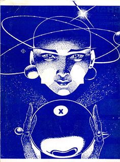 a blue poster with an image of a woman's face surrounded by planets and stars