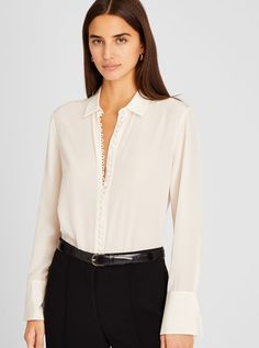 Detail oriented. Split cuffs and self-covered buttons add style to the luxe silk crêpe de Chine Helek shirt. The perfect top to dress up your off-hours denim. White Silk Blouse, Detail Oriented, Club Monaco, White Silk, Fall Shopping, Silk Crepe, Fall 2023, Silk Shirt, Fall 2024