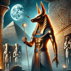 an egyptian pharaoh holding a staff in front of the pyramids and other ancient objects