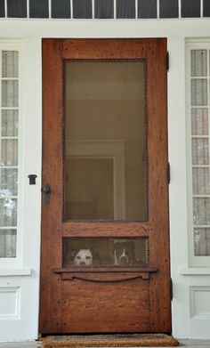 a screen shot of the front door of a house with two cats in it's window