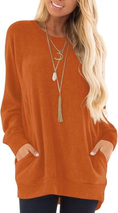 Women's Fall Long Sleeve T-Shirts Casual Tunic Tops for Leggings Loose Soft Blouses with Pocket Women Fall Tops, Petal Sleeve, Ladies Tops, Tops Fashion, Leggings For Women, Womens Long Sleeve Shirts