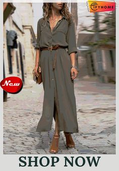 Woman Elegant Long Dress Casual 3/4 Sleeve Shawl Collar Casual Dress Casual Nice Dinner Outfit, Business Casual For Women, Elegant Long Dress, Prom Dress Shopping, Long Dress Casual, Elegant Dresses Long, Sleeves (women), Linen Dresses, Linen Clothes