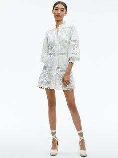 Cailin Tunic Tiered Mini Dress In Off White | Alice + Olivia Chic Mini Hem Dresses For Daywear, Elegant Spring Dress With Mini Hem, Elegant Mini Hem Dress For Spring, Mini Dress Outfits, Tiered Mini Dress, Alice And Olivia, Grad Dresses, Mock Neckline, White Eyelet