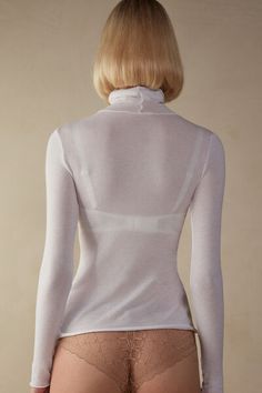 Long-sleeve top in soft modal cashmere ultralight with a high-neck design. High Neck Designs, High Neck Top, Lingerie Accessories, Bra Straps, Lingerie Collection, White Denim, Knitwear Women, Neck Designs, Nightwear