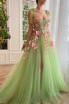 Modest Spaghetti-Straps Sleeveless Long soft net Prom Dress With Front Split Teuta Matoshi, Green Tulle, Cheap Evening Dresses, Long Prom Gowns, Green Gown, Prom Dresses Sleeveless, Floral Gown, Green Prom Dress, Pink Prom Dresses