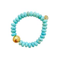 Introducing the exquisite Blue Turquoise Stretch Bracelet by M Donohue Collection, a timeless and elegant piece handcrafted with meticulous attention to detail in the United States. This beautiful stretch bracelet features stunning blue turquoise beads delicately complemented by a single gold-plated copper bead and is a testament to the artistry and passion of a woman-owned company. Gold Beaded Amazonite Bracelets, Turquoise Faceted Beaded Bracelets, Faceted Turquoise Beaded Bracelets, Gold Beaded Bracelets With Amazonite Round Beads, Gold Amazonite Round Beaded Bracelets, Turquoise Rondelle Hand-strung Beaded Bracelets, Elegant Turquoise Stretch Bracelet With Natural Stones, Spiritual Turquoise Stretch Bracelet With Faceted Beads, Bohemian Blue Faceted Bracelet