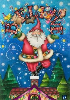 a painting of santa claus on top of a house with christmas decorations around his neck