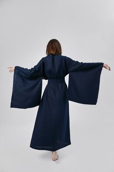 This exquisite Japanese kimono dress is the perfect gift for the special woman in your life - whether it's your girlfriend or wife. Crafted from high-quality linen, this long jacket effortlessly combines comfort and style. This versatile piece can be styled as a coat, a maxi boho cardigan, or a minimalistic linen robe, making it a must-have addition to any eco-friendly wardrobe. Wrapped dress with long traditional Japanese kimono sleeves is suitable for various occasions, for recreation and spec Long Sleeveless Kimono Winter, Luxury Traditional Winter Kimono, Traditional Long Kimono, Luxury Traditional Long Sleeve Kimono, Kimono Maternity Outfits, Traditional Japanese Outfit, Traditional Japanese Fashion, Traditional Japanese Clothes, Fancy Kimono