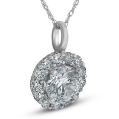 This classic and stunning womens pendant features a 5/8ct center round brilliant cut diamond and 13 round brilliant cut accent diamonds. All diamonds are prong set in solid 14k white gold high polished mounting. 18" 14k white gold spring ring chain is included. This pendant is 1/3 of an inch tall. Sterling Silver Necklace With Center Stone, Cubic Zirconia Round Cut Necklace With Center Stone, Silver Round Necklace With Center Stone, Diamond White Necklace With Center Stone In Round Pendant, Elegant Cubic Zirconia Necklace With Center Stone, White Gold Necklace With Center Round Stone, Dazzling Silver Diamond Necklace With Halo Setting, White Gold Necklace With Center Stone, Silver Diamond Necklaces With Center Stone