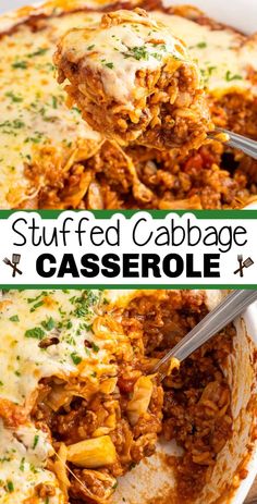 stuffed cabbage casserole in a white dish with a serving spoon