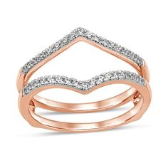 Her solitaire will shine bright in this classic diamond enhancer. Fashioned in precious 10K rose gold, this double-sided design showcases a pair of diamond-lined chevron-shaped ribbons. Radiant with 1/5 ct. t.w. of diamonds and a brilliant buffed luster, this enhancer exudes elegance. Wedding Ring Jackets, Ring Guards Enhancer, Solitaire Enhancer, Diamond Enhancer, Marquise Diamond Engagement Ring, Ring Guard, Diamond Crown, Diamond Birthstone, Peoples Jewellers