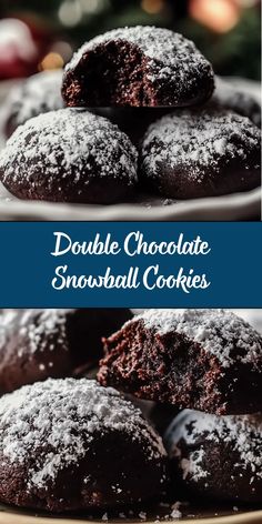 double chocolate snowball cookies on a plate with the words double chocolate snowball cookies