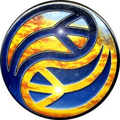 a blue and yellow circular emblem with an orange sky in the background that has clouds