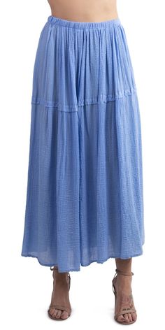 This beautiful cotton skirt makes a perfect swimsuit cover up for your next beach vacation. It's super soft and fits very well. 100% Cotton Model is 5'8 Made in Italy One Size Blue Bottoms For Beach Cover-up In Beach Season, Solid Color Tiered Skirt For Beach, Solid Color Tiered Skirt For The Beach, Flowy Skirted Swim Skirt For Vacation, Flowy Swim Skirt For Vacation, Flowy Breezy Lined Skirt, Summer Beach Skirt With Elastic Waistband, Vacation Maxi Skirt With Elastic Waistband, Relaxed Maxi Skirt With Elastic Waistband For Vacation