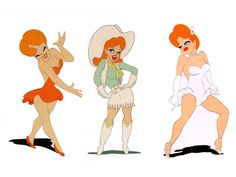 three women dressed in different costumes, one with an orange hair and the other wearing white