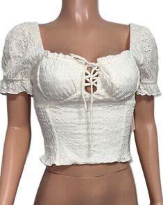 White Smocked Lace Up Crop Top Milkmaid Urban Romantics M Nwt Ruffle Puff Sl | eBay Fitted Smocked Top With Short Sleeves For Beach, Fitted White Ruched Smocked Top, White Smocked Top With Ruffles And Stretch, White Stretch Smocked Top With Ruffles, White Fitted Smocked Top With Short Sleeves, White Fitted Cropped Smocked Top, Fitted Smocked Top For Summer, The Milkmaid, Lace Up Crop Top