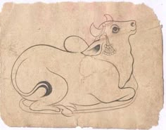 a drawing of a rat with a hat on its head and tail, sitting in front of a piece of paper