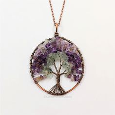 Celtic Beaded Tree of Life Necklace / Purple Amethyst / Green Aventurine / Copper Wire Wrapped Tree Pendant / Gift for Mom / Family Tree This tree of life pendant necklace is one of a kind, made to order, and handmade with beautiful purple amethyst and green aventurine stone beads wrapped into a tree design with antiqued copper jewelry wire. It hangs on a delicate yet sturdy 2mm antiqued copper cable chain necklace. The pendant measures around 2.5 inches long by 2 inches wide. Necklace lengths a Nature-inspired Aventurine Jewelry For Gifts, Handmade Aventurine Round Necklaces, Spiritual Wire Wrapped Necklaces For Crafting, Spiritual Lavender Wire Wrapped Necklaces, Handmade Round Fluorite Jewelry, Handmade Lavender Crystal Necklaces Gift, Handmade Lavender Crystal Necklace Gift, Purple Nature-inspired Jewelry With Natural Stones, Nature-inspired Purple Jewelry With Natural Stones