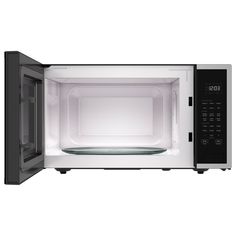 a microwave oven with the door open and an empty dish inside