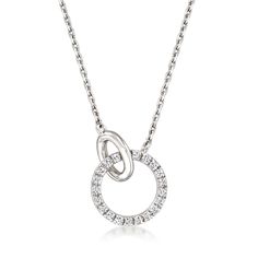 Ross-Simons - .10ct t. w. Diamond Interlocking-Circle Necklace in Silver. 16". RS Pure. Modern designs that complete your outfit and complement your personality. A pretty style that layers with others perfectly, this dainty necklace features two interlocking circles, one dazzled in .10 ct. t. w. diamonds and one of polished sterling silver. Cable chain with a 2" extender. Lobster clasp, diamond interlocking circle necklace. Diamond birthstones are the perfect gift for April birthdays. Modern Round Diamond Necklace With Adjustable Chain, Luxury Full Circle Sterling Silver Jewelry, Silver Circle Necklaces With Diamond Accents, Silver Open Circle Necklace, Interlocking Circles Silver Necklace, Sterling Silver Nickel-free Open Circle Necklace, Interlocking Circle Necklace, Diamond Jewelry Necklace, Diamond Birthstone