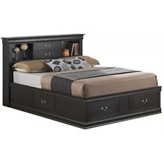 a black bed with drawers underneath it