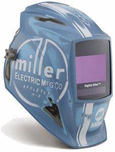 a blue helmet with the words miller electric mc - co on it's side