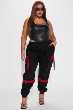 Available In Black/Red. Jogger Pant Cargo Utility Pockets Front Pockets Faux Back Pockets High Rise Drawstring Detail Strap Detail 98% Cotton 2% Spandex Imported | Can't Get With You Cargo Pant in Black/Red size 2X by Fashion Nova Flattering Outfits, Drawstring Detail, Pants Cargo, Utility Pockets, Cargo Pant, Cozy Outfit, Red Fashion, Feminine Style, Jogger Pants