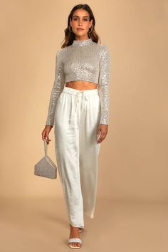 Silver Sequin Top - Long Sleeve Top - Crop Top - Women's Tops - Lulus Classy New Years Eve Outfit, Casual New Years Eve Outfits, Nye Party Dresses, Cute Going Out Outfits, New Year’s Eve Outfit, Silver Sequin Top, Cute Christmas Outfits, Casual Party Outfit, Mock Neck Crop Top