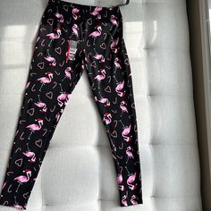 No Boundaries Holiday Ankle Legging With Pink Flamingos Size Small (3-5) Pink Summer Playwear Pants, Spring Pink Leggings For Loungewear, Playful Pink Pants For Pajama Party, Playful Stretch Bottoms For Sleepover, Playful Fitted Pants For Loungewear, Fitted Playful Pants For Loungewear, Playful Pink Bottoms For Sleepover, Pink Casual Leggings With Elastic Waistband, Casual Pink Leggings With Elastic Waistband