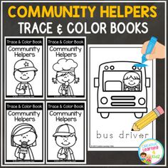 Trace & Color Books: Community Helpers 4 Black and White Books 12 Community Helpers in each book. Color the community helper then trace the word. You may also be interested in: MORE Community Helper Community Helpers Activities, Black And White Books, Speech Delay, Community Helper, Community Helpers, White Books, Book Community, Creative Learning, Bus Driver