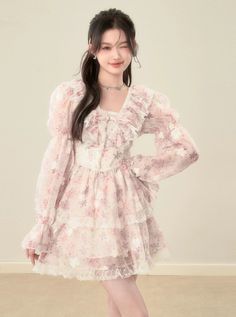 ■Size  Unit (CM) Length Waist Chest Sleeve S 85 64 84 71 M 87 68 88 72 L 89 72 92 73 ■Model info  Height：168cm  Weight ：47kg  Wearing Size：S Pink Ruffled Mini Dress In Balletcore Style, Pink Coquette Dress With Ruffles, Spring Princesscore Mini Dress With Ruffles, Spring Kawaii Dress With Ruffles, Mini Frock, Pink Kawaii Mini Dress With Ruffles, Fancy Fashion, Angel Dress, Romantic Lace