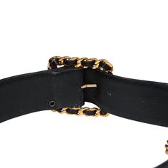 This vintage 90's Chanel iconic CC medallion chainlink lambskin leather belt is of black and gold lambskin leather with 24K gold plated hardware, features two draped gold-tone chains accented with a dangling 'CC' logo charm, and has a large black and gold chainlink square belt buckle.Origin: FranceCondition: Vintage; Excellent - The leather belt shows signs of wear with some peeling on the inside/lining of the belt, minor scratches and some press markings from the metal chains. The gold chains a Leather Belts With Gold-tone Hardware For Evening, Leather Belt With Gold-tone Hardware For Evening, Luxury Chain Link Belt For Formal Occasions, Luxury Formal Chain Link Belt, Black Belts With Gold-tone Hardware For Evening, Luxury Formal Chain Belt With Gold-tone Hardware, Luxury Black Chain Belt, Elegant Gold Leather Chain Belt, Luxury Black Chain Belt For Evening