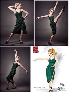 four photos of a woman in green dress doing different poses with her arms outstretched and legs spread out