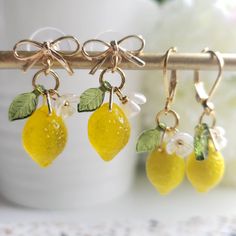 Lemon Earrings Glass Lemon Drop Earrings Food Earrings - Etsy Gold Fruit Design Drop Earrings, Gold Drop Earrings With Fruit Design, Lemon Flowers, Fruit Jewelry, Food Earrings, Fruit Earrings, Orange Earrings, Lemon Drop, Bag Crochet