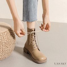 Lasaky - Stylish and Comfortable Martin Boots with Thickened Soles and Slim-laced Design in Short Length and Flat Heels Professional Work Shoes, Boots For Winter, White Canvas Shoes, Martens Style, Trendy Flats, Rough Heels, Flat Heels, Botas Chelsea, Square Toe Heels