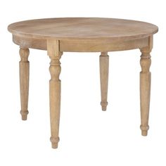 a wooden table with two legs and a small round wood table top on the bottom