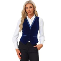 Pair with the solid color blouse or ruffle neck shirt for a casual business style. In this vintage solid color velvet fabric design, this vest is classic and timeless for your daily outfits. Classic OL style, fit for office and other formal occasions. Retro contrast satin with velvet can show your elegance and more charming, making you look more and more capable. Dark Blue Business Outfit, Color Blouse, Brown Vest, Business Style, Halloween Women, Womens Clothing Sizes, Business Outfits, Casual Fits, Business Fashion