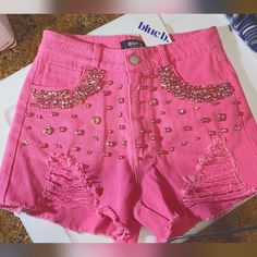 Brand New Size Small Blue B Brand Rhinestone / Jeweled / Bedazzled Distressed Pink Denim Shorts. Perfect For A Concert With Your Favorite Boots And Tee Or Bodysuit. Bedazzled Denim Shorts, Bedazzled Clothes, Bedazzled Boots, Bedazzled Shorts, Heart Platforms, Pink Denim Shorts, Rhinestone Projects, Diy Jeans, Barbie Outfits