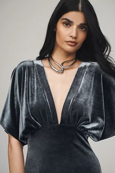 BHLDN Amelia Deep-V Stretch Velvet Maxi Dress | Anthropologie Draped Bodice, Velvet Maxi Dress, Velvet Maxi, Amelia Dress, Deep Plunge, Dress Anthropologie, Plunge Neckline, Stretch Velvet, Maxi Dress Blue