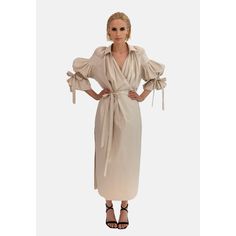 Ina Beige | Helene Galwas | Wolf & Badger Elegant Beige Linen V-neck Dress, Chic Beige V-neck Linen Dress, Beige Linen V-neck Maxi Dress, Luxury Beige Long-sleeved Kimono, Airy Dress, Flounce Sleeve, Fashion Jewellery, Sustainable Design, Fast Fashion