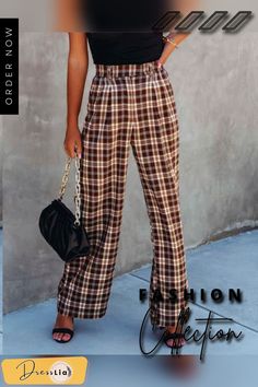 Fashion Plaid Straight High Waist Wide Leg Bottoms Elastic Waist, High Waist, Wide Leg, Plaid, High Waisted, Elastic