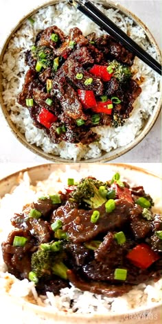 two pictures of beef and broccoli on top of rice with chopsticks