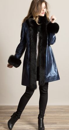 Lightweight coverage that dazzles, in Spanish lambskin leather lavished with Finland fox fur. Leather Coat With Fur, Faux Fur Outfit, Lambskin Coat, Cotton Lycra Fabric, Winter Outfits Aesthetic, Long Leather Coat, Outfits For Winter, Leather Coats, Leather Clothing