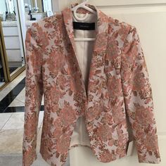 Zara Tapestry Jacket In Peach Tones Chic Floral Print Fall Blazer, Chic Floral Print Formal Outerwear, Formal Fall Floral Print Blazer, Elegant Formal Outerwear With Floral Print, Elegant Floral Print Formal Outerwear, Elegant Floral Print Outerwear For Fall, Elegant Floral Print Fall Outerwear, Elegant Tailored Floral Print Outerwear, Formal Floral Print Outerwear For Spring