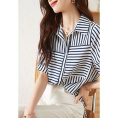 Casual Navy Short Sleeve Blouse, Blue Collared Tops For Summer, Blue Summer Tops With Collar, Navy Short Sleeve Blouse For Summer, Chic Navy Short Sleeve Blouse, Navy Summer Top With Collar, Light Blue Short Sleeve Office Blouse, Navy Short Sleeve Tops For Day Out, Blue Collared Office Blouse