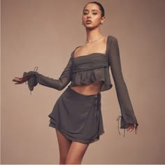 Fun And Floaty, This Gorgeous Set Is Made From Lightweight Georgette Fabric In A Deep Shadow Hue. Floaty And Semi Sheer, It's Your Perfect Summer Set. Where To Wear: Stylish Date Nights, Alfresco Dining, Cocktails With The Girls, Bottomless Brunches, Vacays. Underwear Solution: Add A Balconette Strapless Bra If Required. Made From Lightweight Georgette And Satin. Fully Lined Bust. Stretch Factor: 1/3 Length: Approx 44cm Materials: Rigid Georgette, Stretch Satin, Light Silky Satin Gentle Dry Clea Chic Fitted Tiered Wrap Skirt, Fitted Asymmetrical Wrap Skirt For Brunch, Chic Fitted Two-piece Dress With Ruffles, Fitted Asymmetrical Skirt For Brunch, Chic Fitted Ruffled Wrap Skirt, Chic Fitted Wrap Skirt With Ruffles, Fitted Wrap Skirt For Evening In Summer, Fitted Wrap Skirt For Summer Evenings, Fitted Wrap Skirt For Spring Cocktail