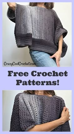 a woman wearing a gray crochet shawl with the words free crochet patterns