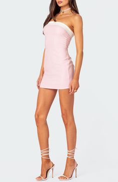 Sweeten your going-out wardrobe in this pastel minidress flaunting a contrast detail at the shoulder-baring neckline. Hidden back-zip closure Strapless 95% polyester, 5% spandex Machine wash, line dry Imported Light Pink Tight Dress Short, Light Pink Dress Formal Mini, Light Pink Tight Homecoming Dress, Pink One-shoulder Bodycon Dress For Spring, Flirty One-shoulder Pink Mini Dress, Flirty Pink One-shoulder Mini Dress, Pink Mini Dress With Straight Neckline And Fitted Style, Pink Fitted Mini Dress With Straight Neckline, Pink Fitted Off-shoulder Mini Dress