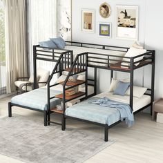 a bunk bed with a futon underneath it in a living room next to a window