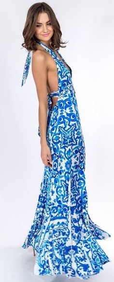 Mykonos Halter Dress Blue V-neck Dress For Summer Parties, Blue Backless Beach Dress For Summer, Chic Blue Beach Dress For Poolside, Chic Blue Halter Neck Beach Dress, Summer Blue Backless Dress, Blue Backless Beach Dress, Blue Beach Dress For Summer Parties, Blue Sleeveless Maxi Dress For Summer Parties, Fitted Blue Backless Dress For The Beach